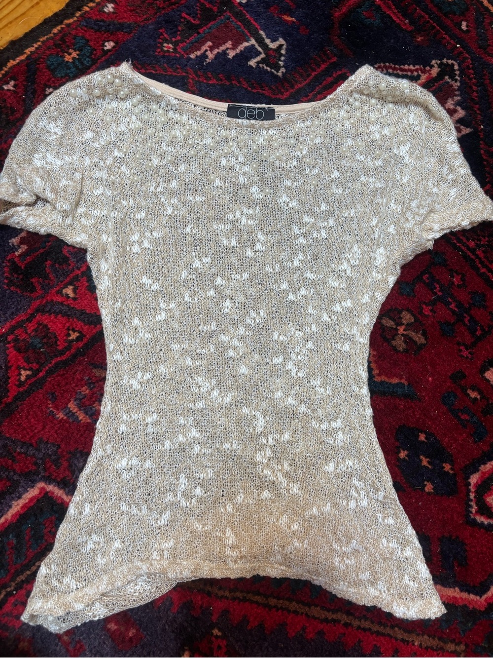 deb Metallic Knit Short Sleeve Top - Gold Speckled and Pearl Embellished